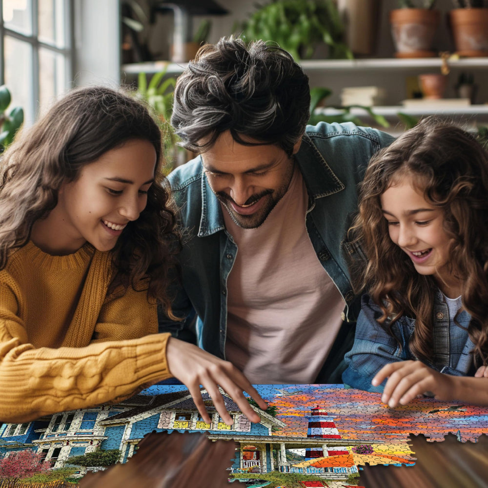 White Mountain Beach Sunset puzzle in progress during family time