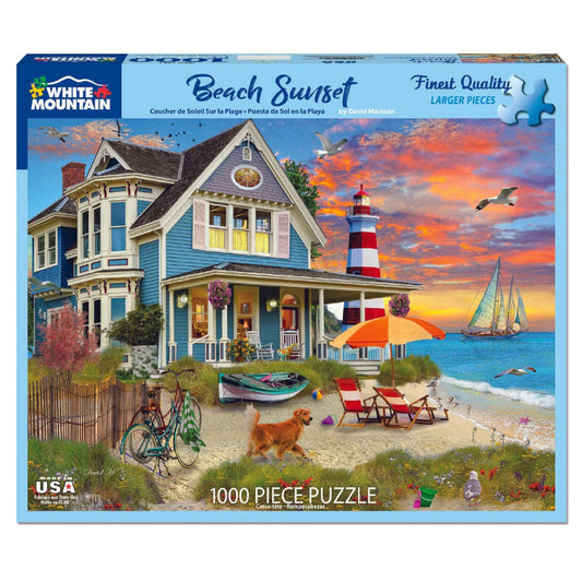 White Mountain Beach Sunset puzzle front cover showing vibrant colors for family fun
