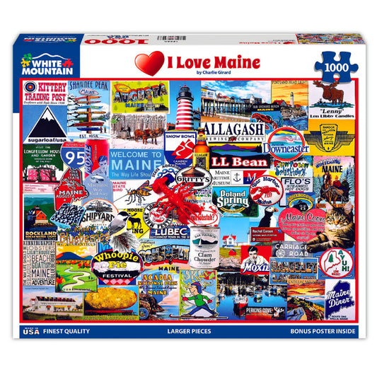 White Mountain New I Love Maine puzzle cover featuring coastal scenery, ideal for family puzzle nights.