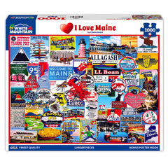 White Mountain New I Love Maine puzzle cover featuring coastal scenery, ideal for family puzzle nights.