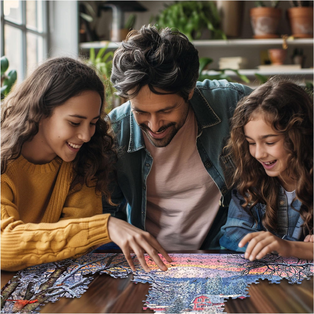 White Mountain 1000-piece puzzle for family assembly around a coffee table