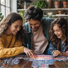 White Mountain 1000-piece puzzle for family assembly around a coffee table