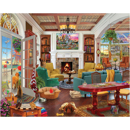 White Mountain Seaside Dreams puzzle cover featuring a sunlit beach house scene for family fun.