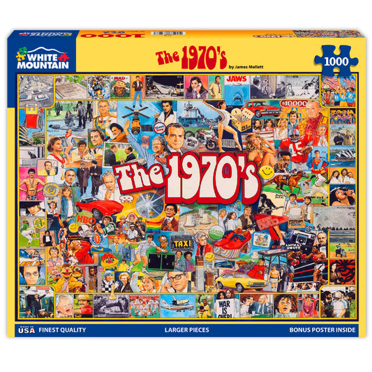 White Mountain The Seventies puzzle cover collage for family puzzle night