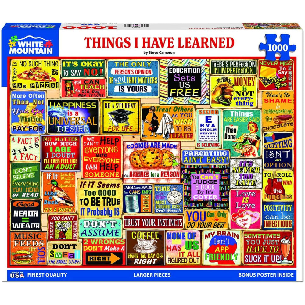 White Mountain Things I Have Learned Puzzle artwork closeup, vibrant vintage typography for thoughtful evenings.