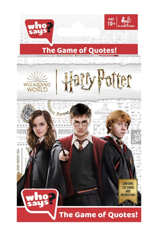 Who Says? Harry Potter Edition box front invites family game night with a magical setup
