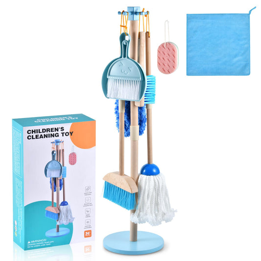 WHOHOLL 9 Pcs wooden cleaning toy set broom – sturdy, safe pretend cleaning for toddlers.