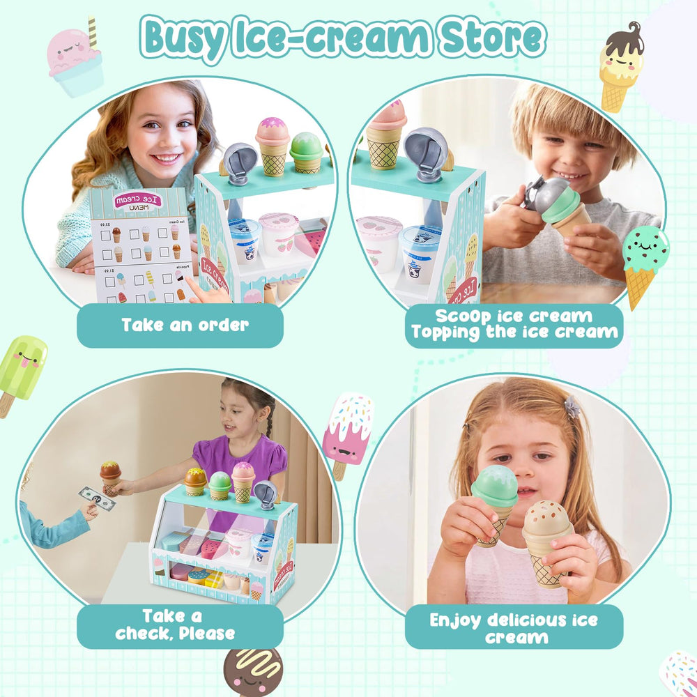 WHOHOLL complete wooden ice cream counter set makes a gift-ready toy.