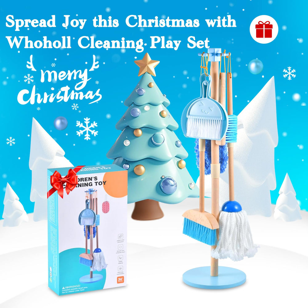 WHOHOLL wooden cleaning toy set mop – smooth wood feel for imaginative housekeeping play.