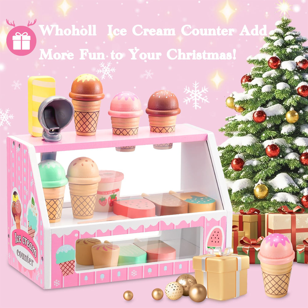 WHOHOLL wooden ice cream bar set pink supports fine motor scooping.