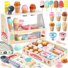 WHOHOLL wooden ice-cream counter with colorful scoops for imaginative play