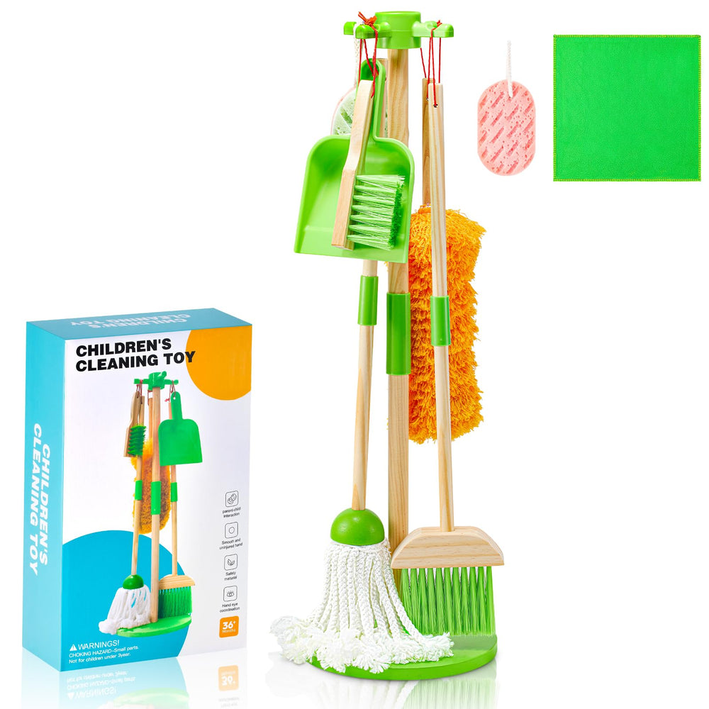 WHOHOLL wooden kids cleaning set broom for pretend play and real cleanup tasks
