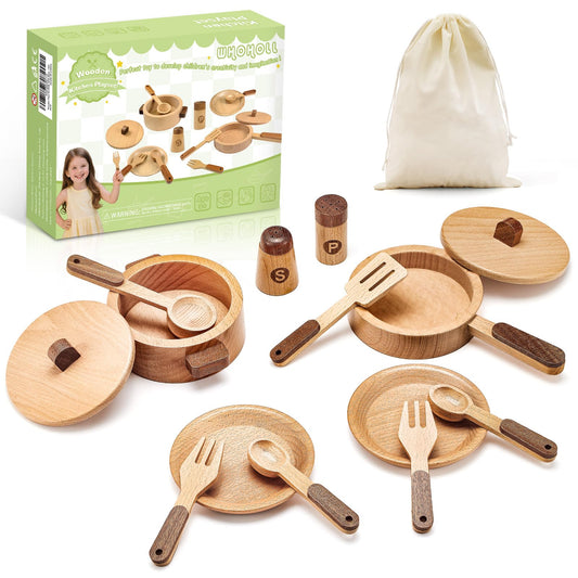 WHOHOLL wooden pot with lid for imaginative play and pretend meals