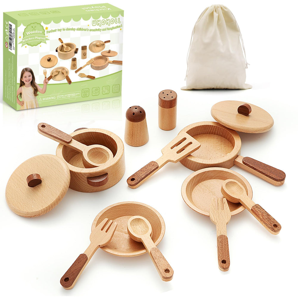 WHOHOLL wooden pot and pan set for toddlers encourages creative pretend cooking and fine motor skills.