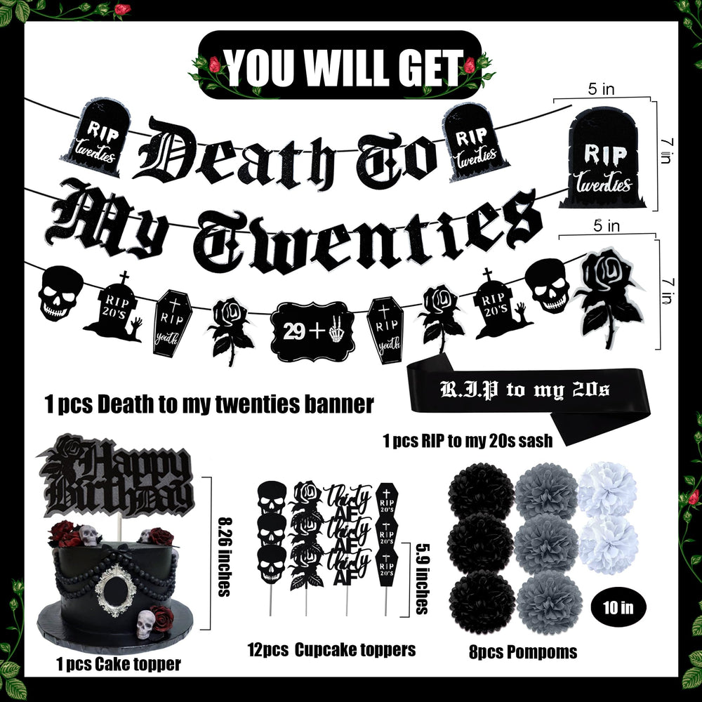 WHYMEO tombstone garland creates a playful memorial focal point.