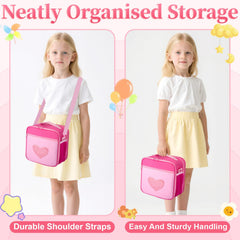 Wigojoy pink organizer in travel setup demonstrates portability for bedtime stories