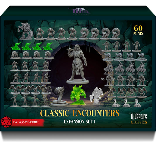 Wildspire Classic Encounters Set I front view: 60 unpainted minis for tabletop battles