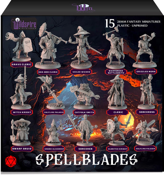 Wildspire Spellblades box front with unpainted minis ready for painting.