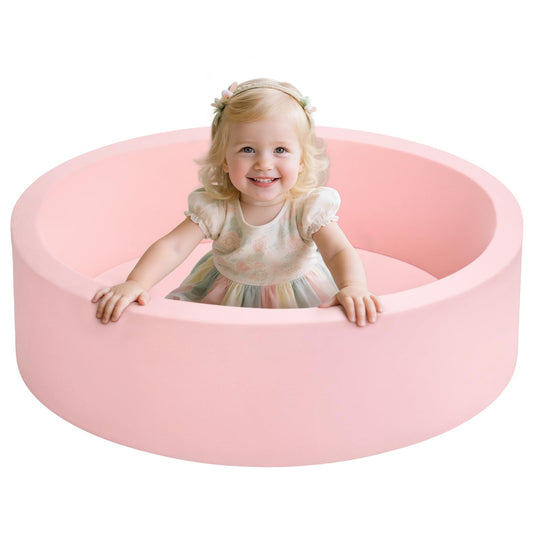 Wilwolfer foam ball pit with pink wall padding, a safe play space for toddlers.