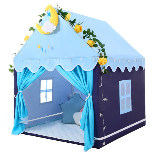 Wilwolfer Kid Tent with blue roof and windows provides a cozy play space for toddlers.