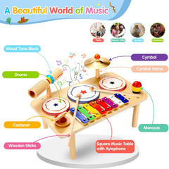Wingyz wooden drum table with xylophone showcased for colorful music sessions