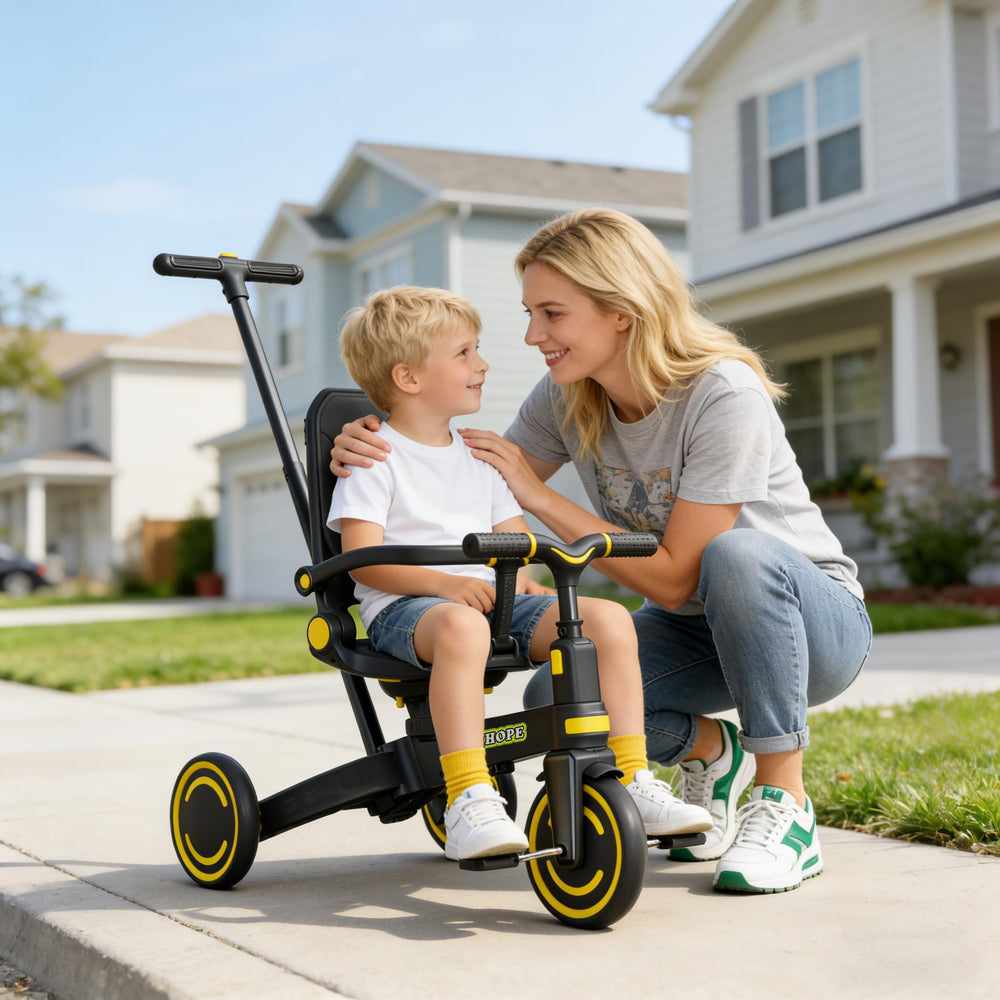 WinHope 9-in-1 push tricycle folded compact for car trips.