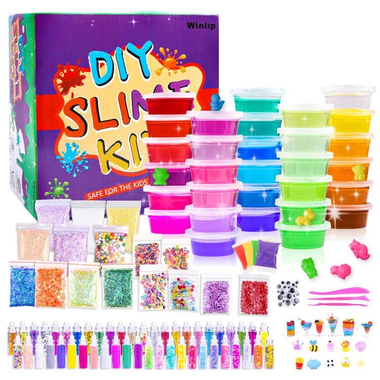 WINLIP slime kit packaging shows comprehensive 135-pack set for gifting and storage