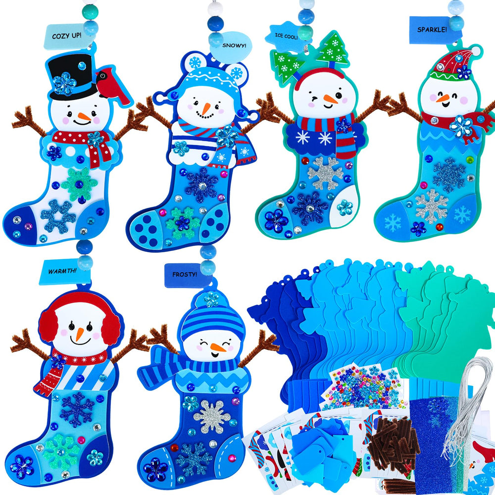 Winlyn snowman stocking ornament kit laid out for classroom crafts and festive decor