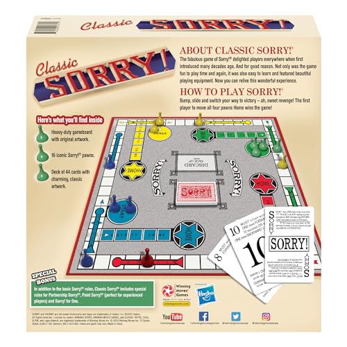 Winning Moves Sorry 44-card deck with original illustrations for authentic gameplay.