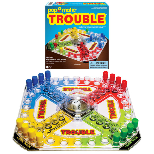 Winning Moves Trouble board with Pop-O-Matic dice roller for family game night.