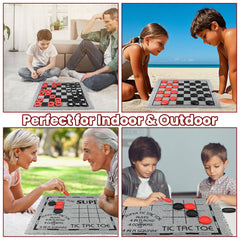 Family playing WinSTEM giant 4-in-1 set outdoors on a lawn.