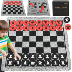 WinSTEM giant chessboard front view with bold red and black pieces.