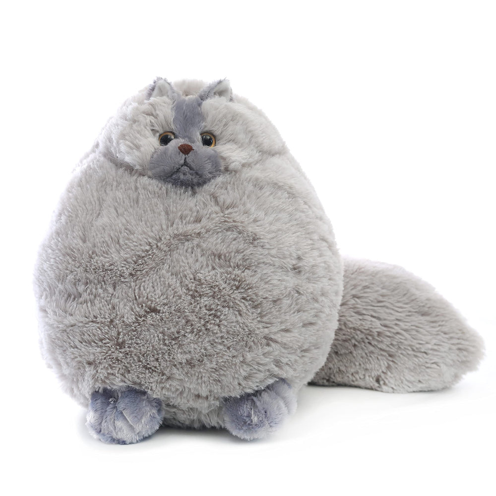 Winsterch gray cat plush face close-up with fluffy fur and friendly expression
