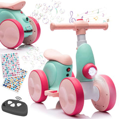 wiqins electric baby balance bike with bubble feature for safe first rides indoors.