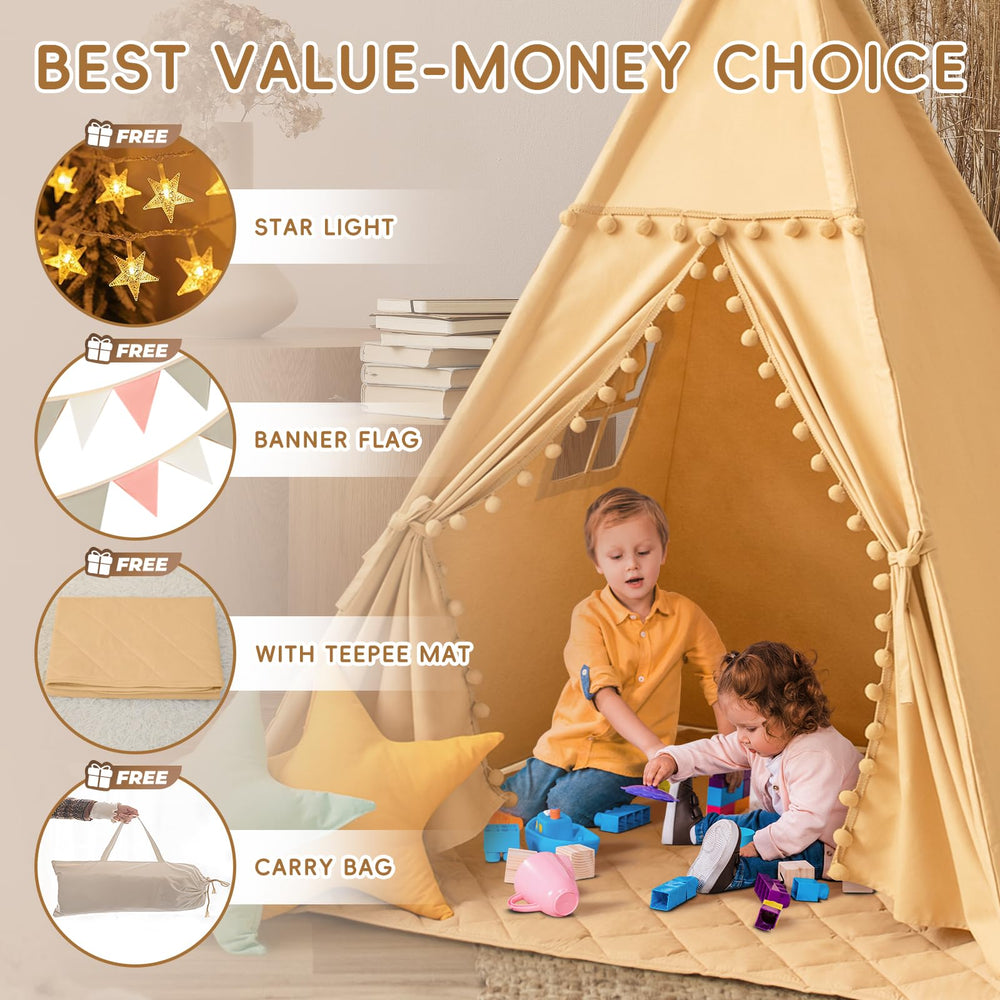 Wirhao tepee tent stars lights and banner flag add magical play ambience.