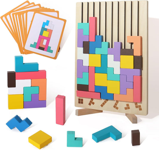 WISBOOK wooden colored 3D Russian block puzzle cover shows durable wooden construction for long-lasting play.