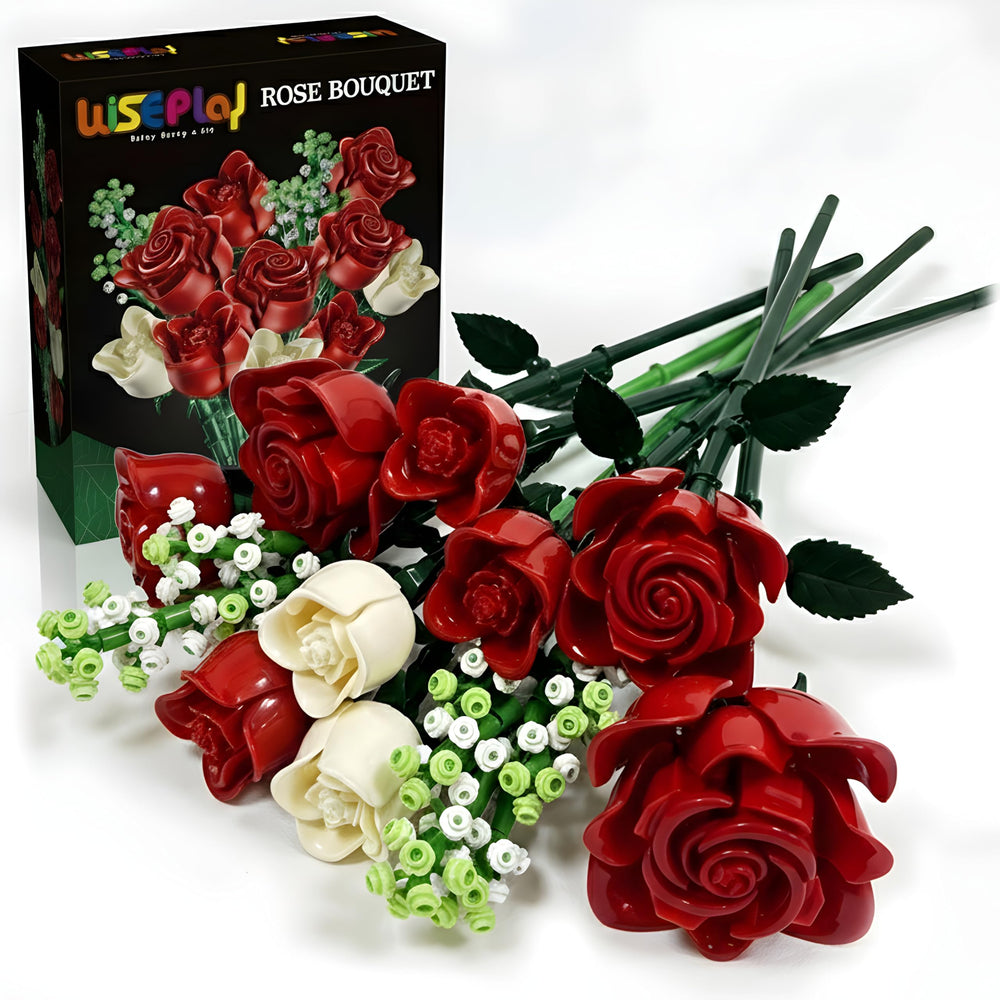 WISEPLAY Rose Bouquet Building Set shows a 697-piece craft for a lasting home centerpiece