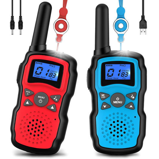 Wishouse Kids Walkie Talkies front view in red and blue for reliable backyard play.