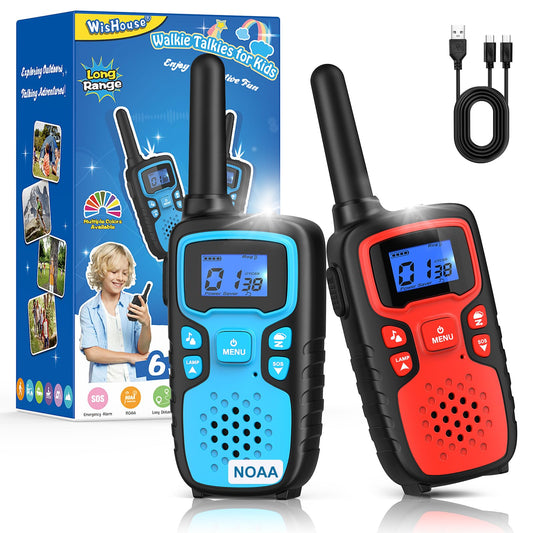 Wishouse kids walkie talkies in red and blue offer reliable backyard range for play.