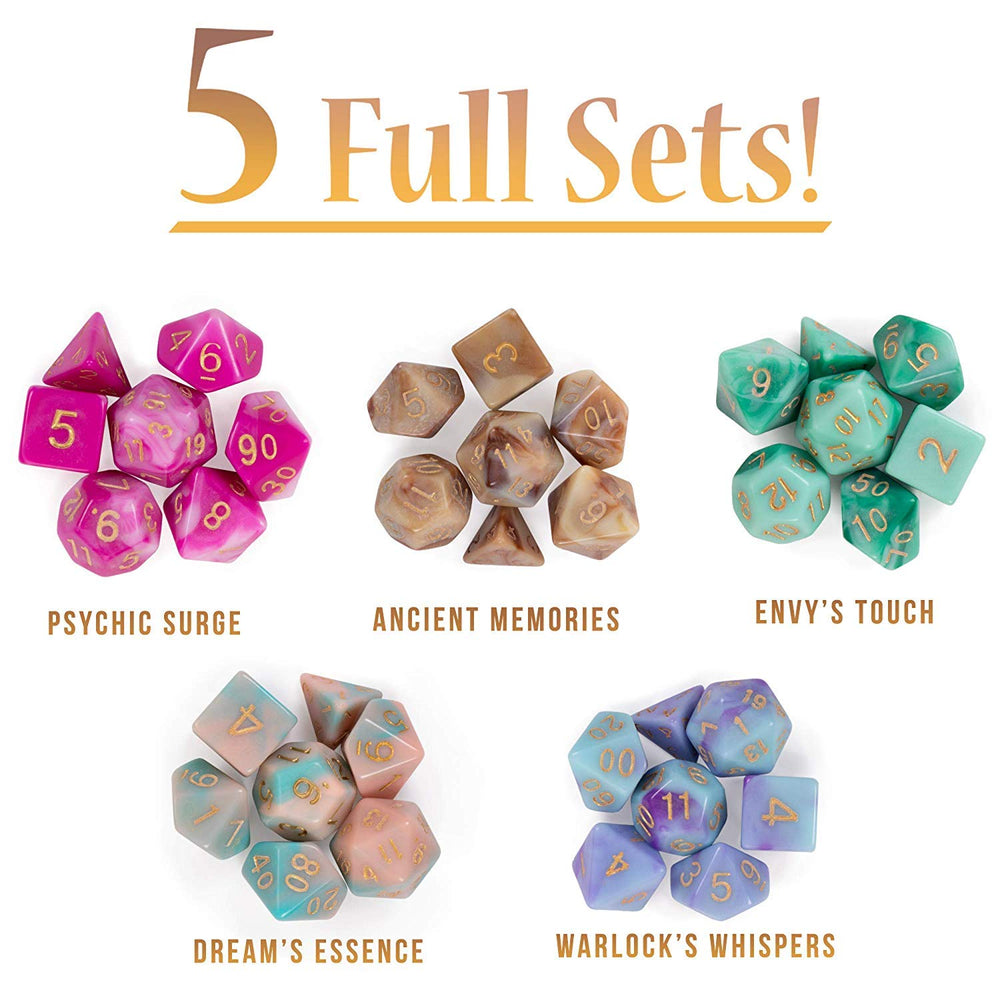 Wiz Dice 35 polyhedral dice showcase colorful variety for D&D and TTRPG play.