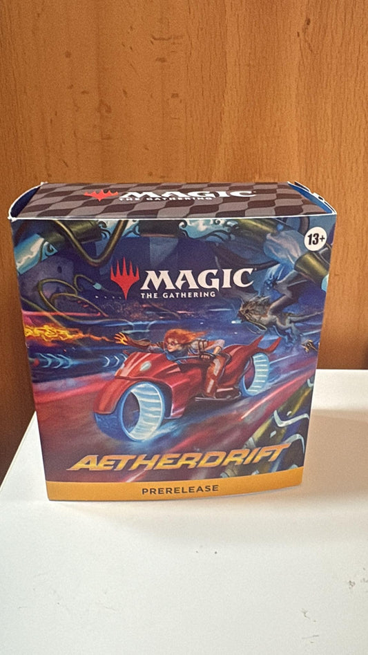 Wizards of the Coast Aetherdrift prerelease pack cover showcases premium MTG design for collectors.