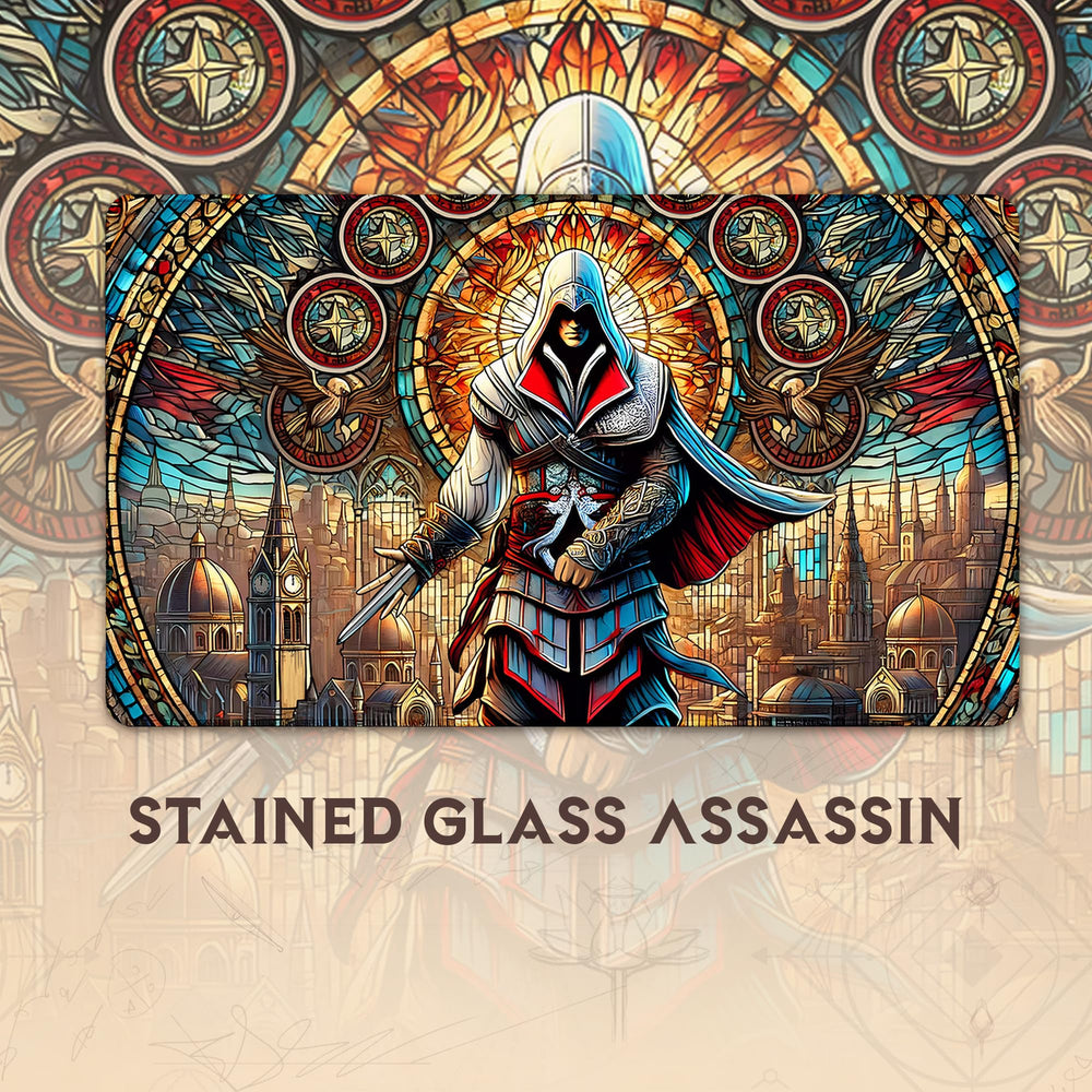Wizcraft Gaming Stained Glass Assassin mat in play setup supports smooth draws and stable placement.