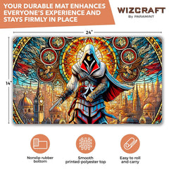 Wizcraft Gaming Stained Glass Assassin stitch-edge closeup demonstrates durability for long sessions.