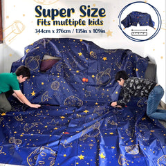 Kids playing together with the Wizzly Space Blanket Fort Kit.