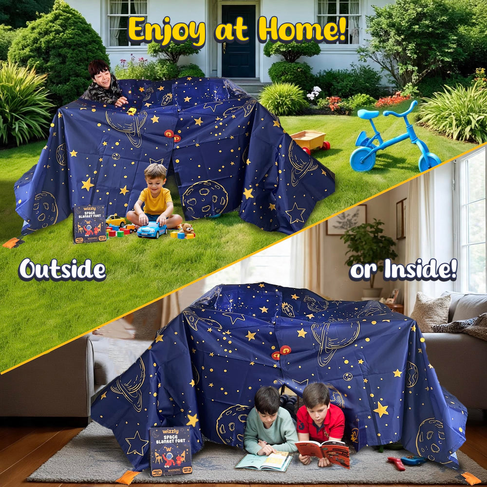 Pillow fort setup with Wizzly Space Blanket Fort Kit for quiet reading.