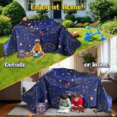 Pillow fort setup with Wizzly Space Blanket Fort Kit for quiet reading.