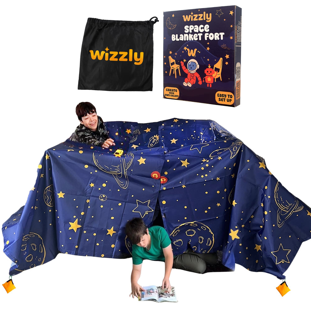 Wizzly Space Blanket Fort Kit setup demonstrates quick assembly for imaginative play.