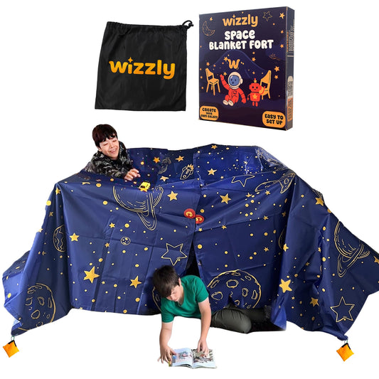Wizzly Space Blanket Fort Kit setup demonstrates quick assembly for imaginative play.