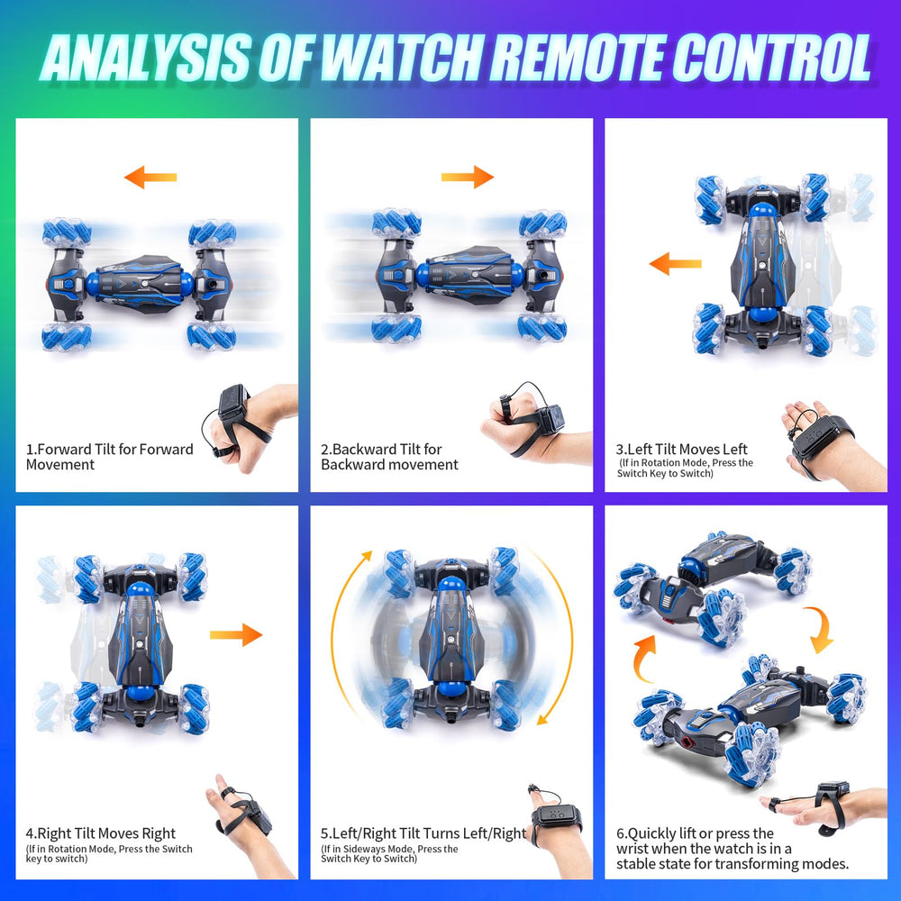 WJWMIRC double-sided blue stunt car designed for continuous driving action.