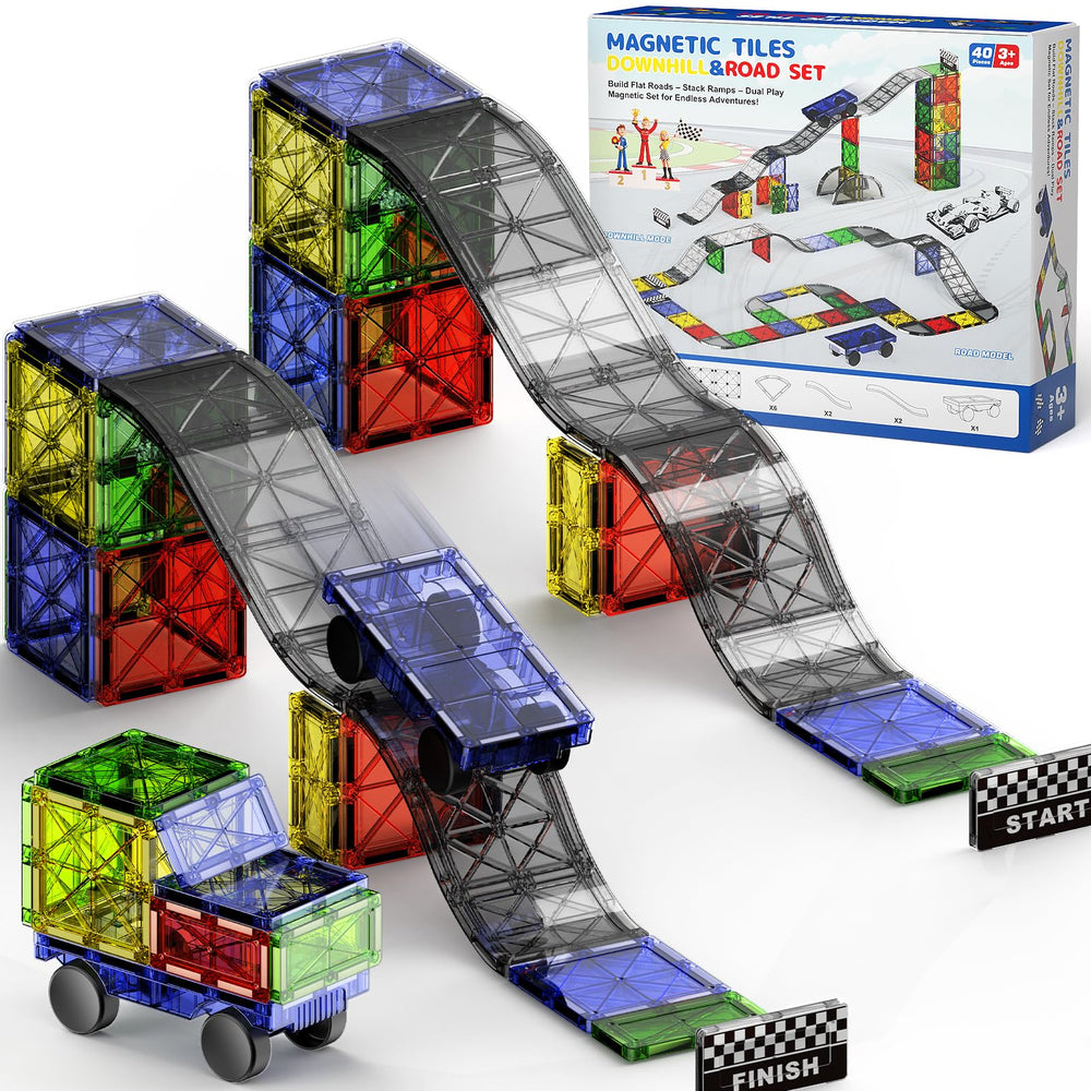 WMXDU 2-in-1 magnetic tile set with curved roads enabling endless racing layouts.